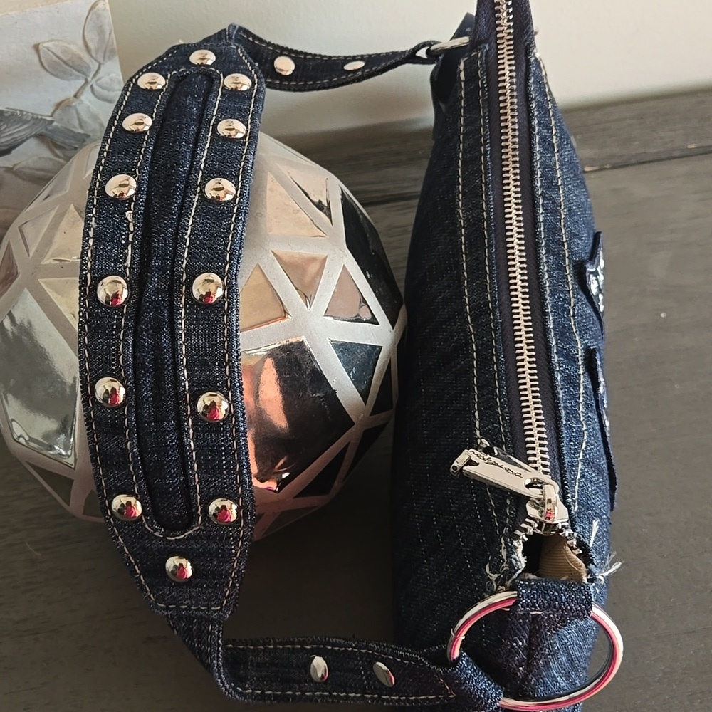 True Religion Rhinestone Studded Horseshoe Denim Shoulder Bag - Picture 7 of 10
